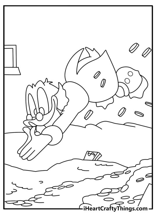 Fun printable Disney coloring sheet with Scrooge McDuck diving into coin vault
