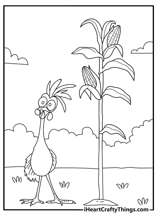 Funny chicken coloring sheet with long neck bird stretching to reach tall corn