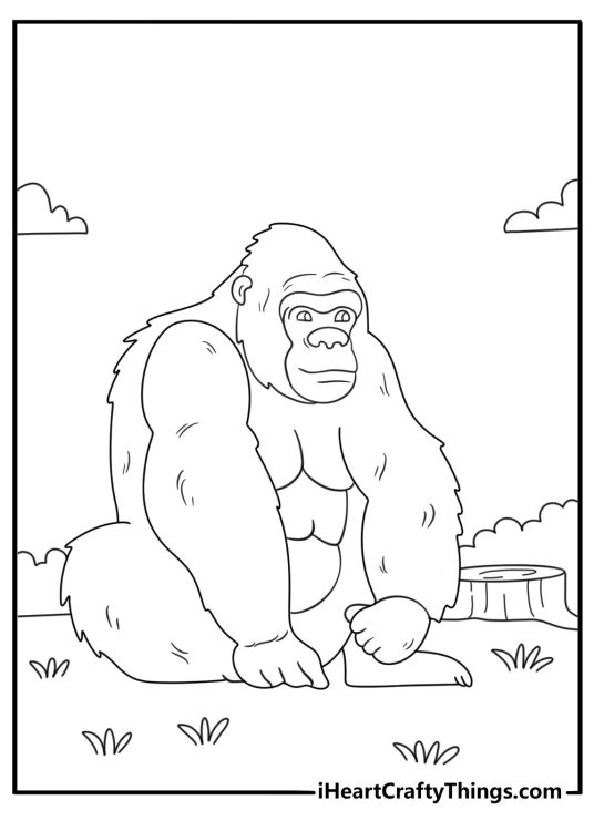 Gorilla sitting near tree stump detailed zoo animal coloring page