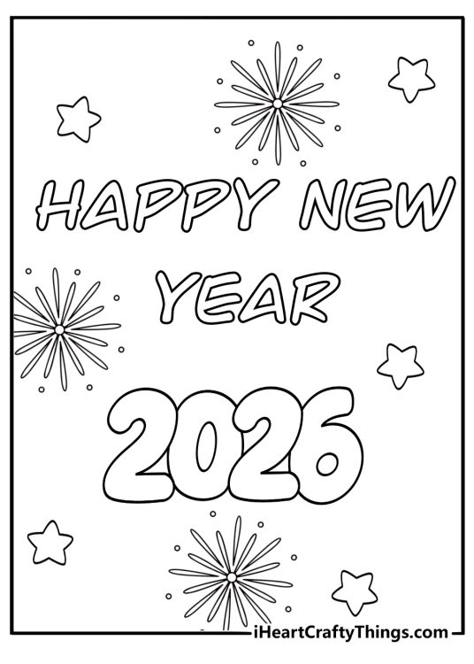 Happy new year 2026 coloring page for kids