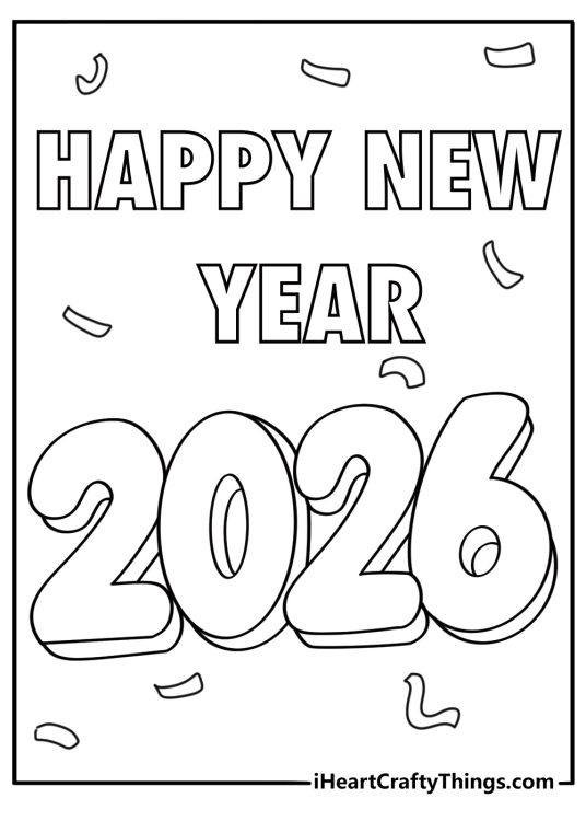 Happy new year 2026 poster with confetti fun coloring sheet