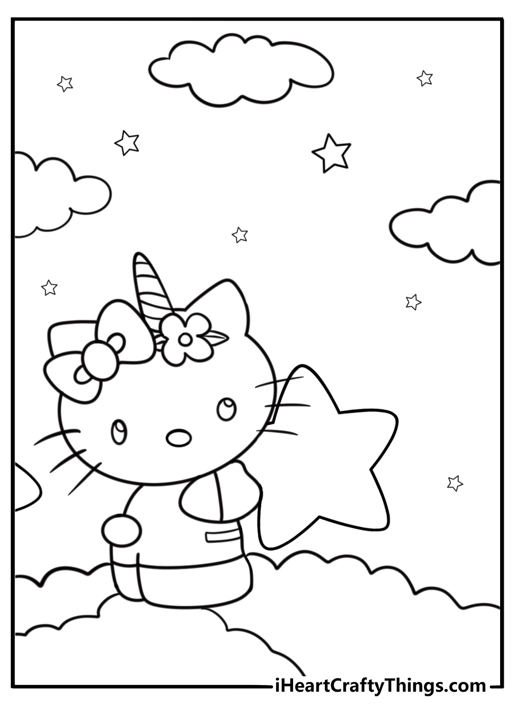Hello Kitty unicorn coloring page hugging a star
