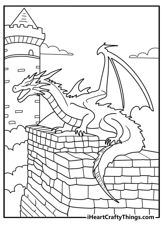 Higly detailed illustration presenting regal looking dragon posing next to intricate castle