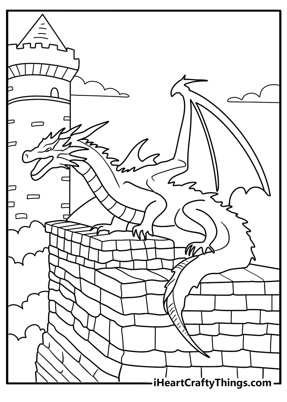Higly detailed illustration presenting regal looking dragon posing next to intricate castle