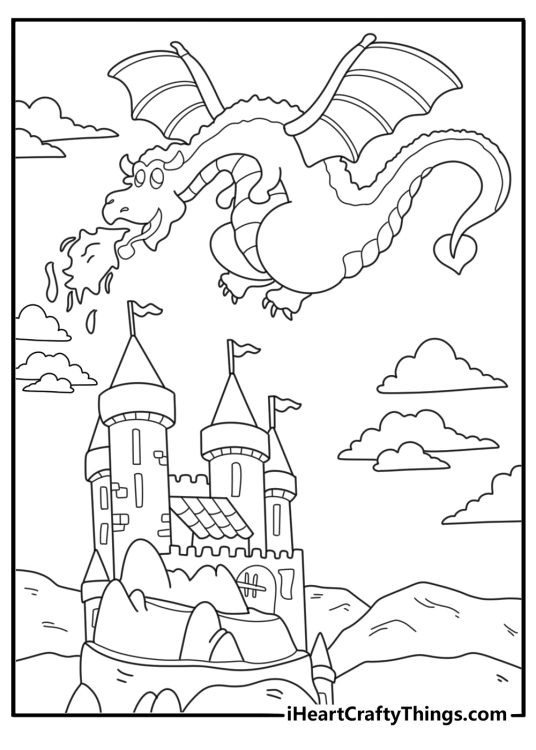 Higly detailed picture for adults featuring unique looking dragon with intricate castle built on the rocks behind him