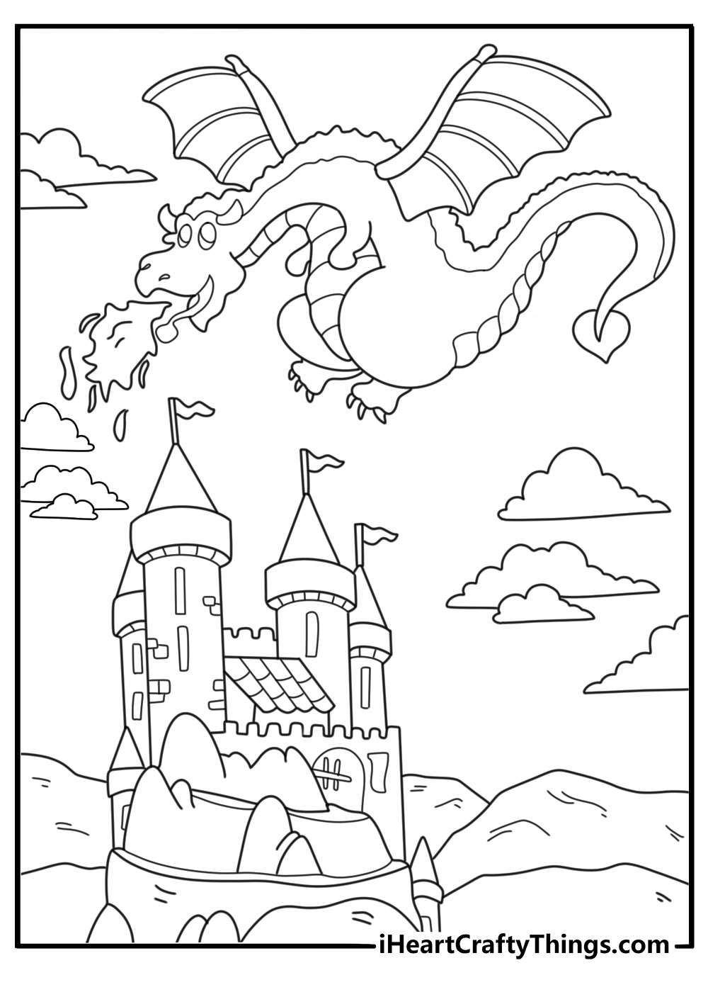 Higly detailed picture for adults featuring unique looking dragon with intricate castle built on the rocks behind him