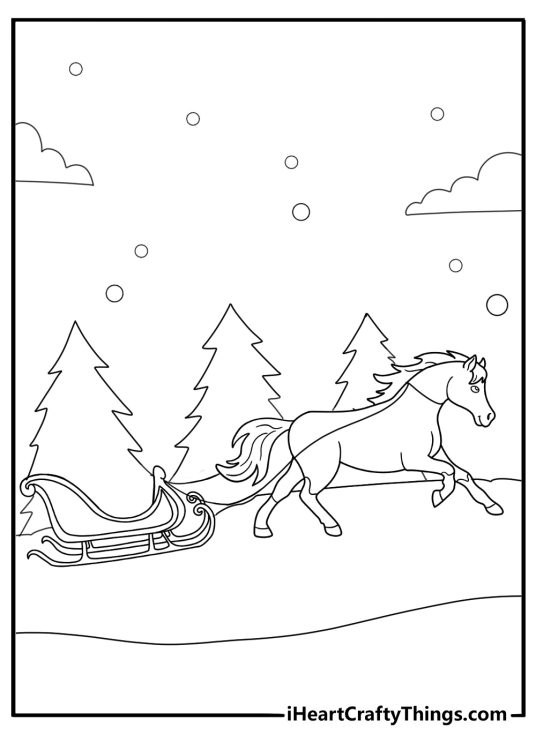 Horse pulling a sleigh through the snow fun winter coloring page