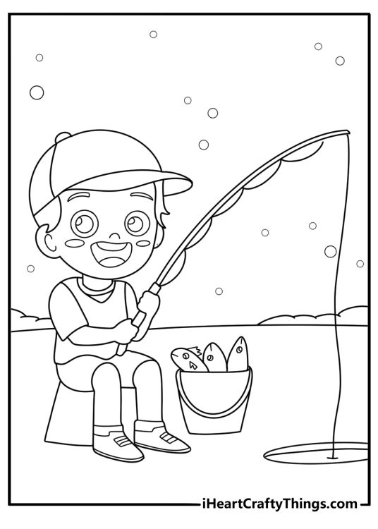 Ice fishing scene with a bucket of fish simple coloring sheet