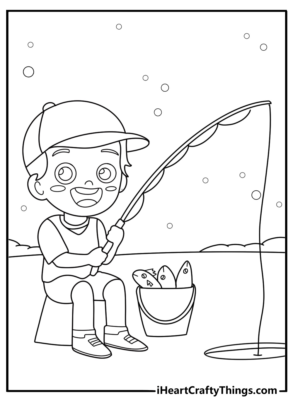 Ice fishing scene with a bucket of fish simple coloring sheet