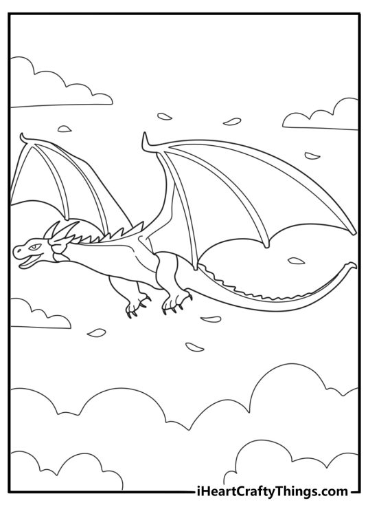 Image of a fierce looking dragon flying high in the sky surrounded by clouds and falling leaves