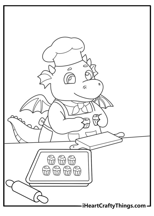 Kawaii chubby dragon baking cupcakes in a kitchen coloring sheet