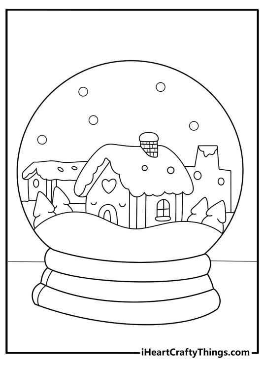 Kawaii snow globe with tiny winter village coloring page