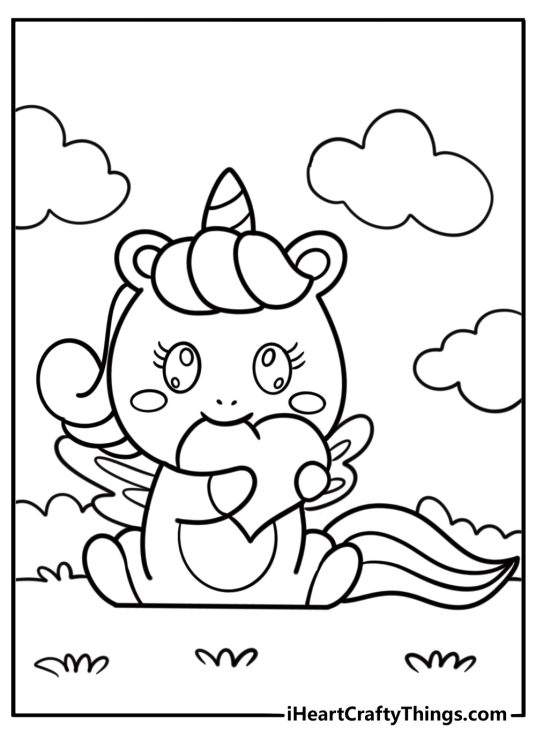 Kawaii unicorn coloring page with big eyes and tiny wings