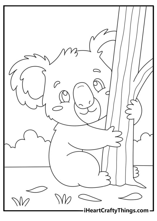 Koala hugging eucalyptus tree in zoo coloring page printable
