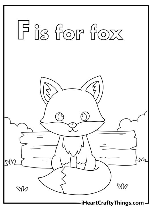 Letter F coloring page with a fox sitting beside a log