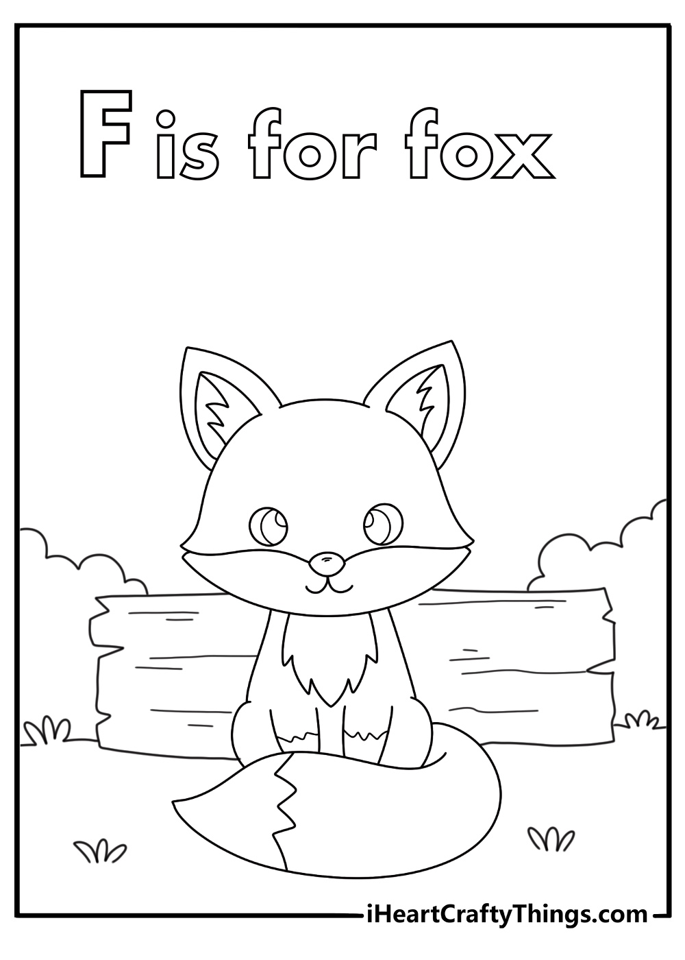 Letter F coloring page with a fox sitting beside a log