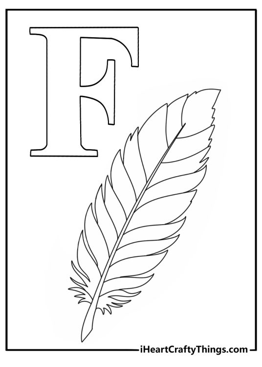 Letter F coloring pages for preschoolers with a feather under a bold letter