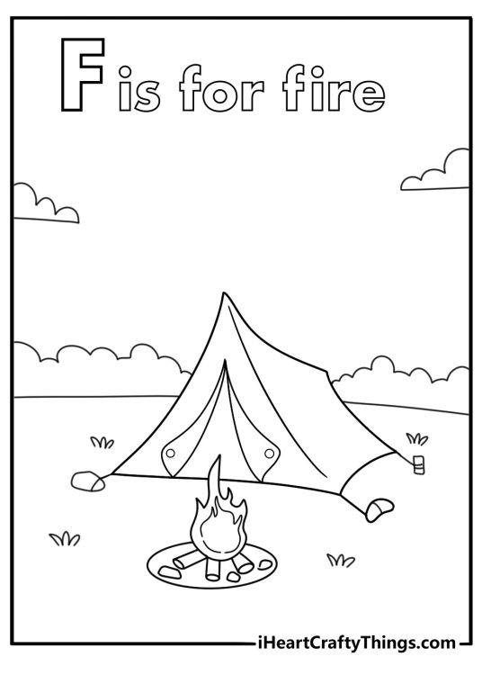 Letter F coloring pages for toddlers with a fire in a camp ring