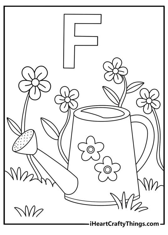 Letter F coloring sheet for toddlers with a flower bed and watering n can