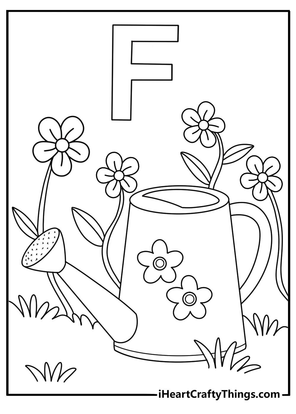 Letter F coloring sheet for toddlers with a flower bed and watering n can