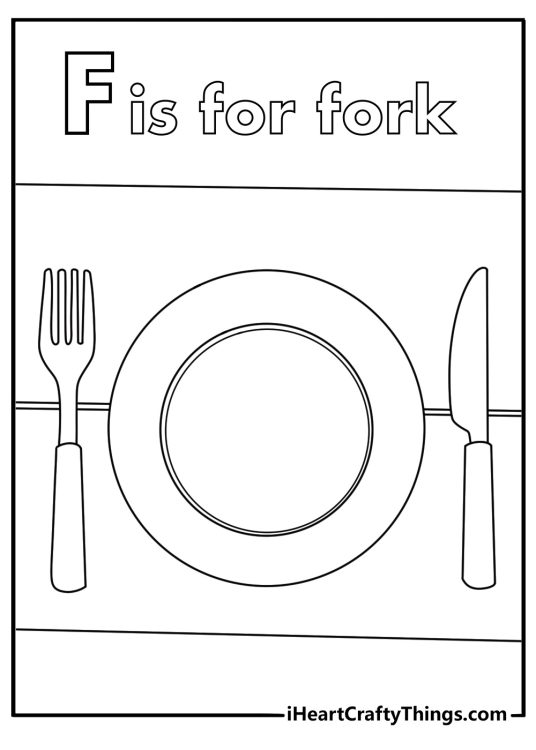 Letter F coloring sheet printable with a fork and plate on a table