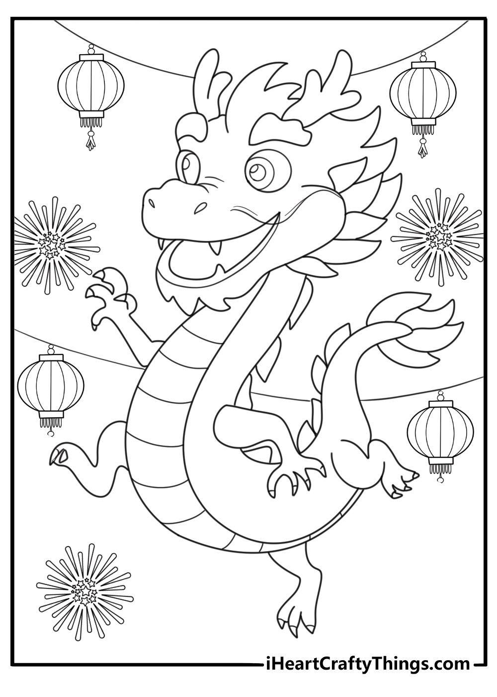 Lunar new year dragon dancing with lanterns festive coloring pdf