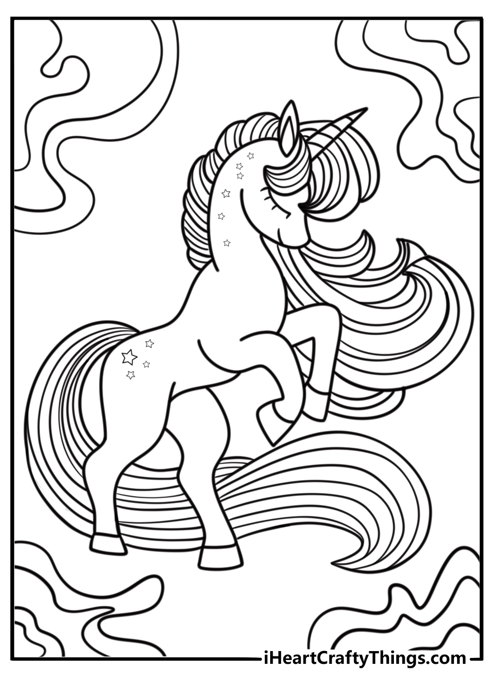 Magical unicorn coloring page with a swirling background