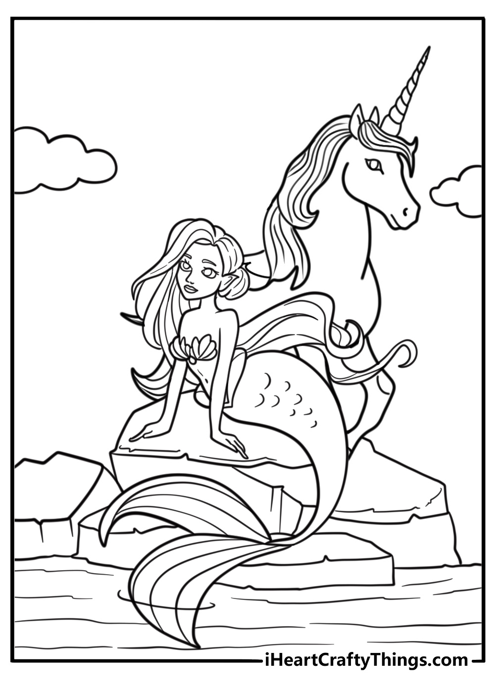 Mermaid and unicorn coloring page on a rock near water