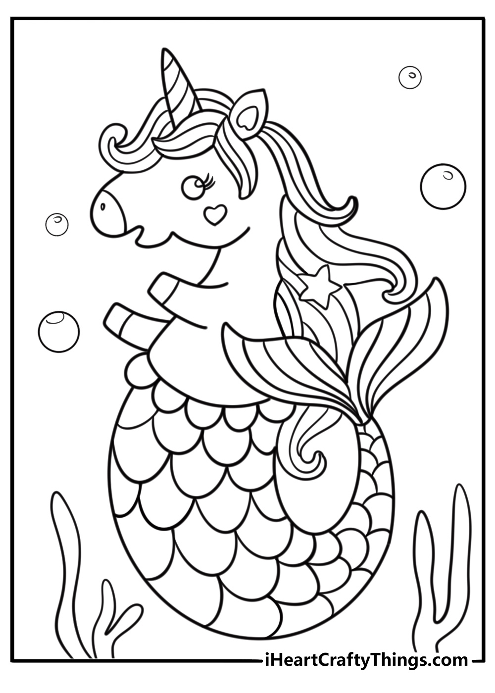 Mermaid unicorn coloring page swimming under the sea