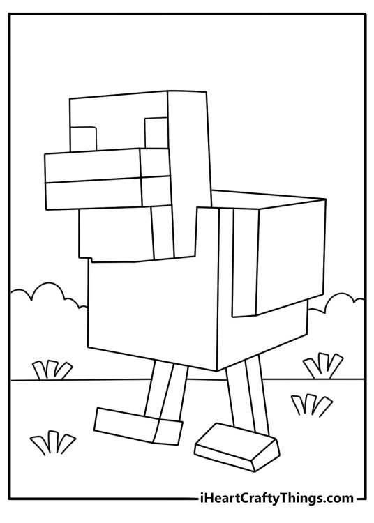 Minecraft chicken coloring page with blocky bird near pixel grass