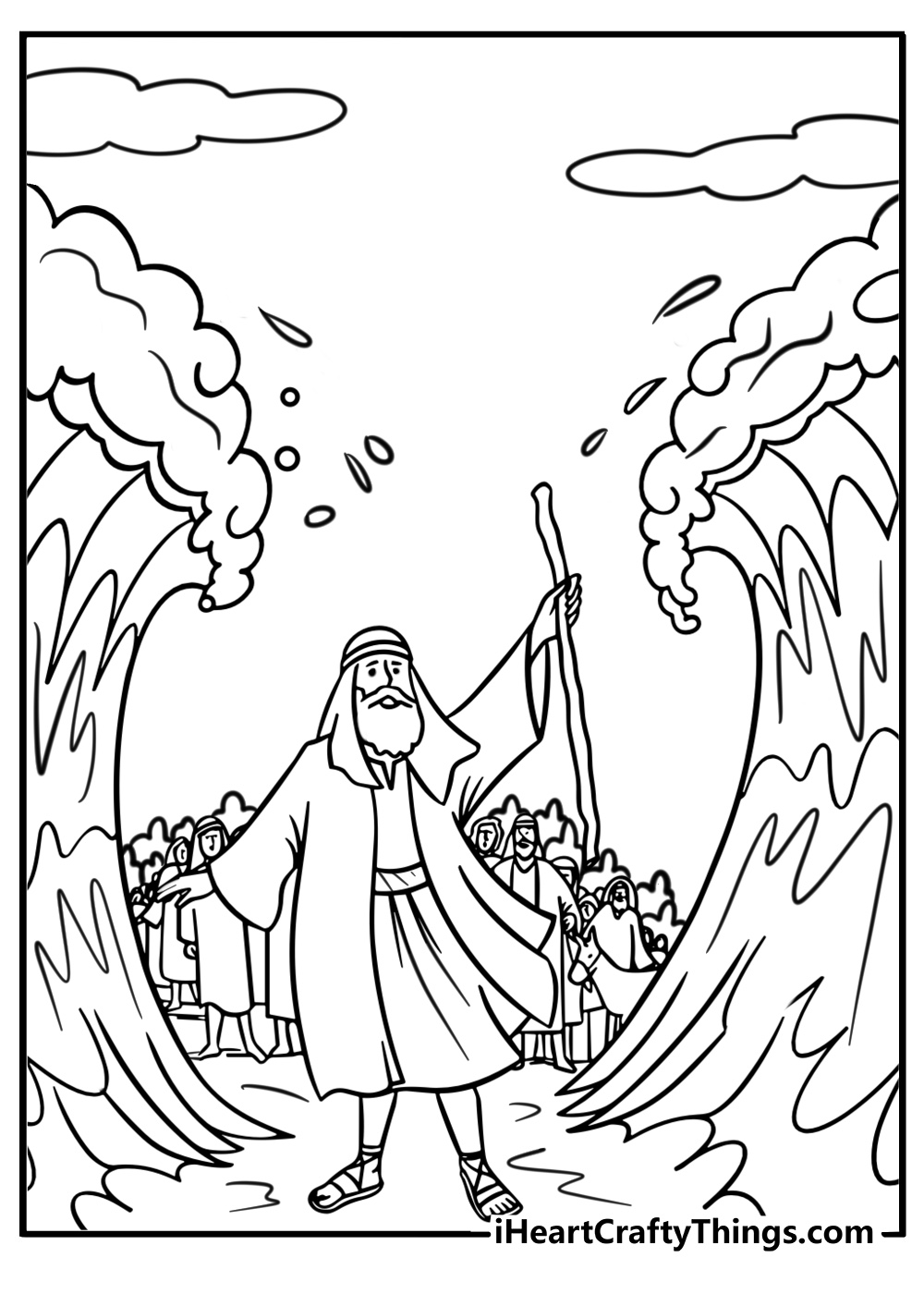 Moses crossing the Red Sea with Israelites coloring page for kids