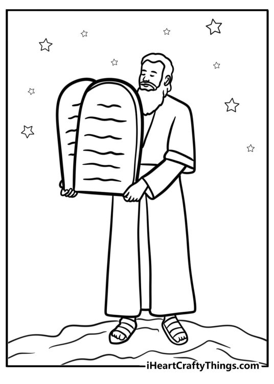 Moses holding the Ten Commandments detailed coloring sheet