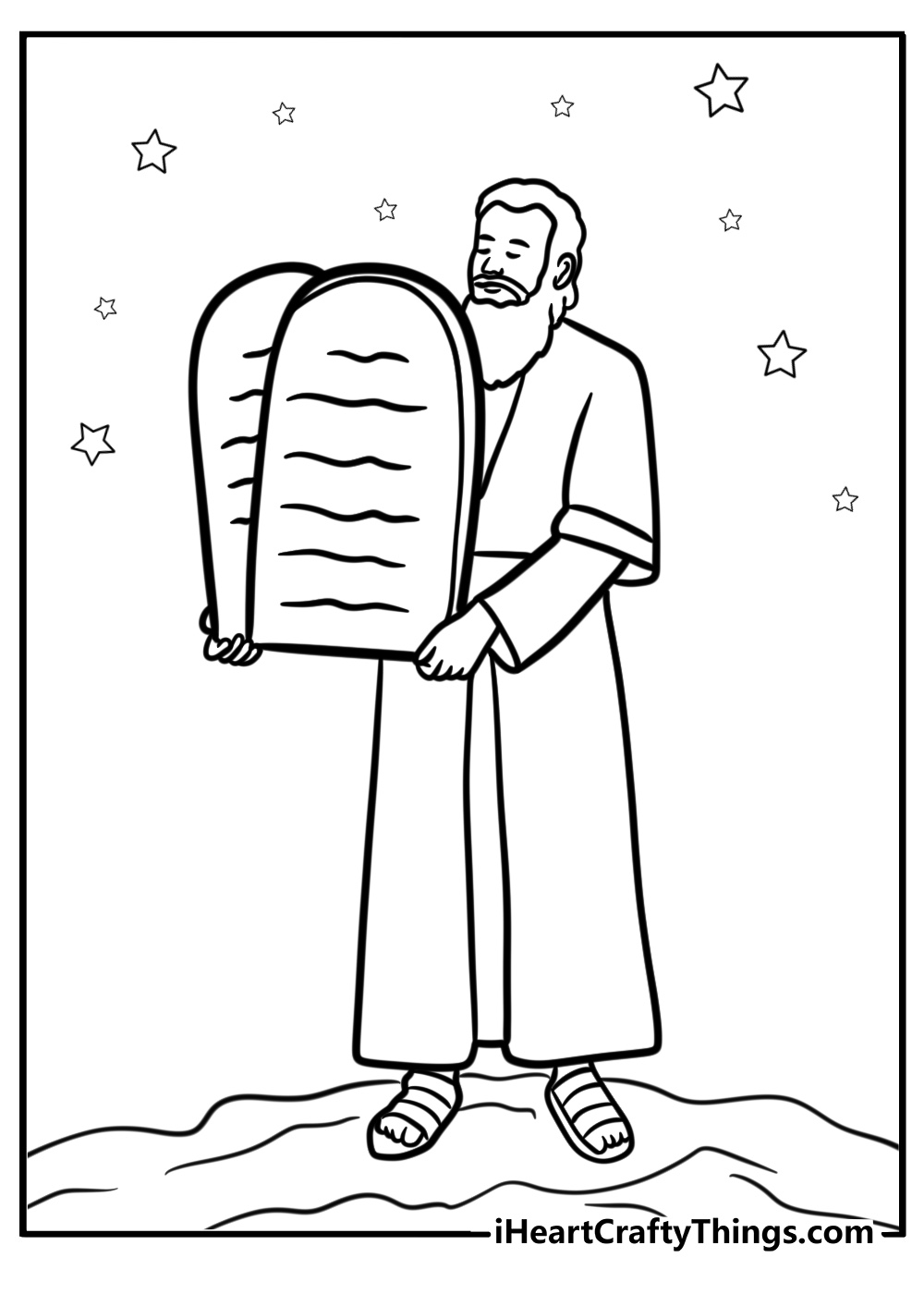 Moses holding the Ten Commandments detailed coloring sheet