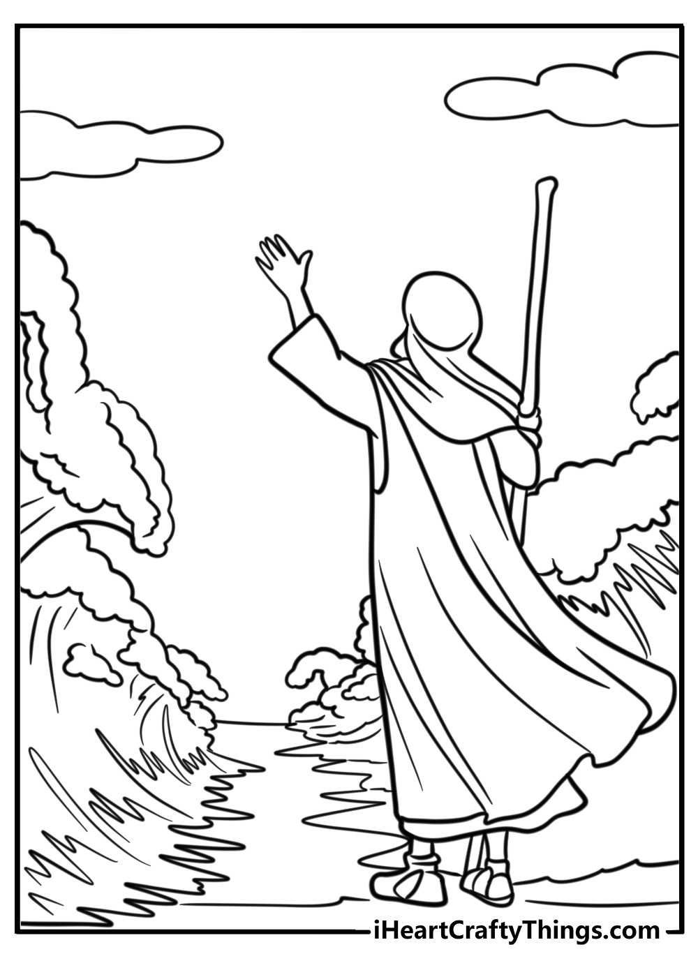 Moses lifting his staff at the Red Sea printable coloring page