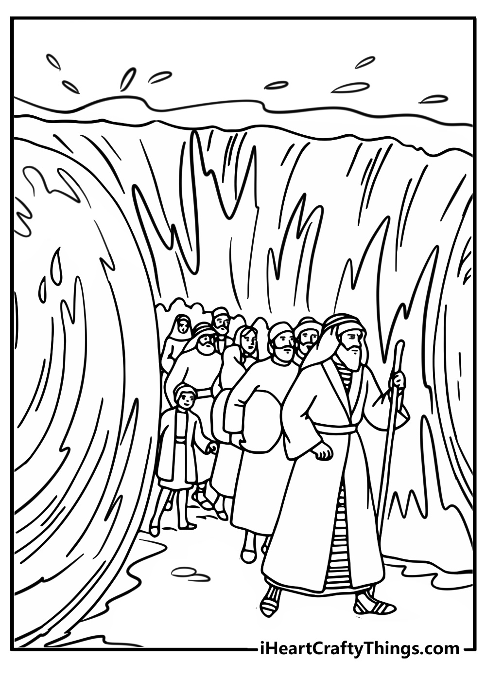 Moses parting the Red Sea for the Israelites detailed coloring sheet