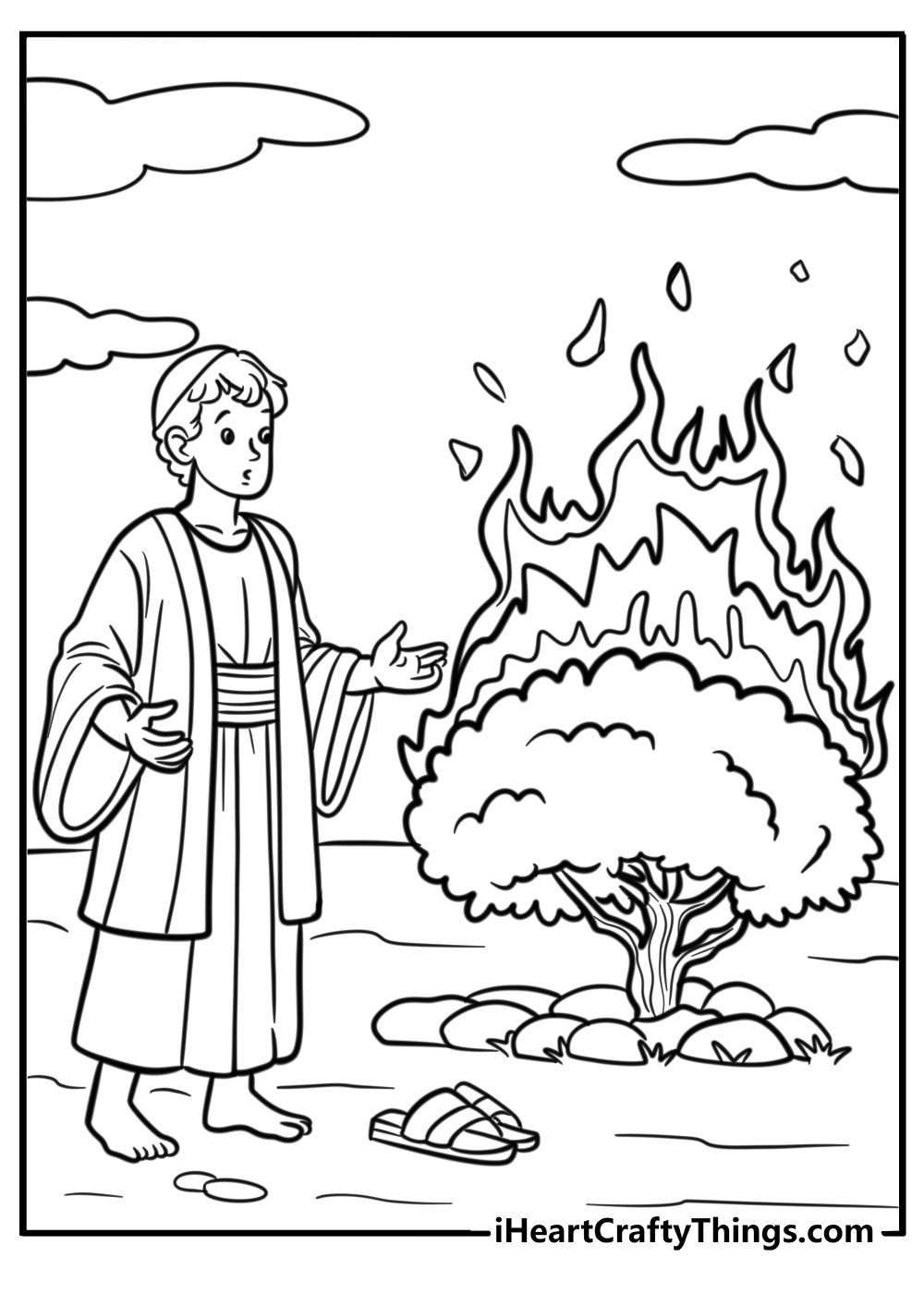 Moses speaking to God in the burning bush free printable page