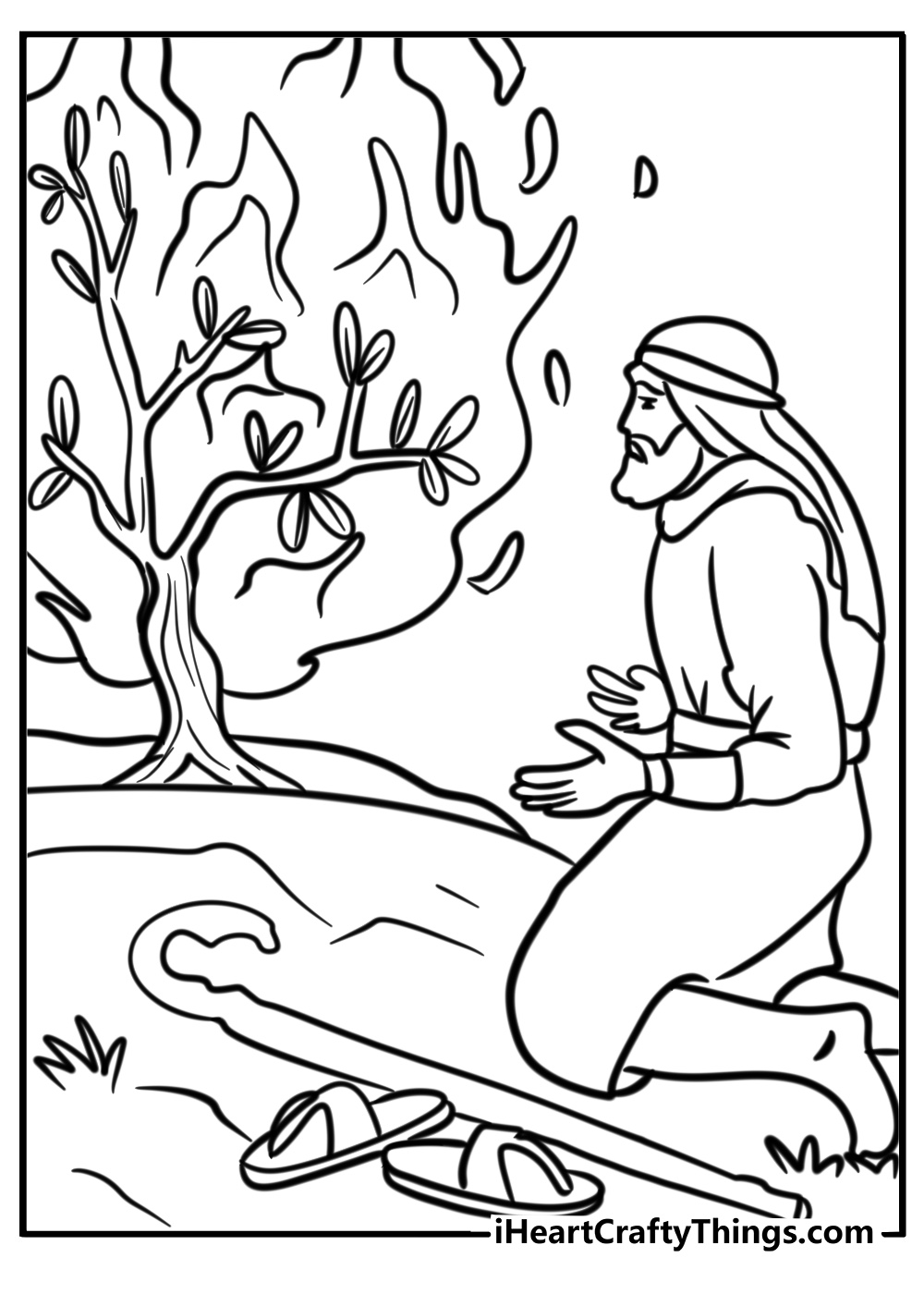 Moses speaking to the burning bush fun printable coloring sheet