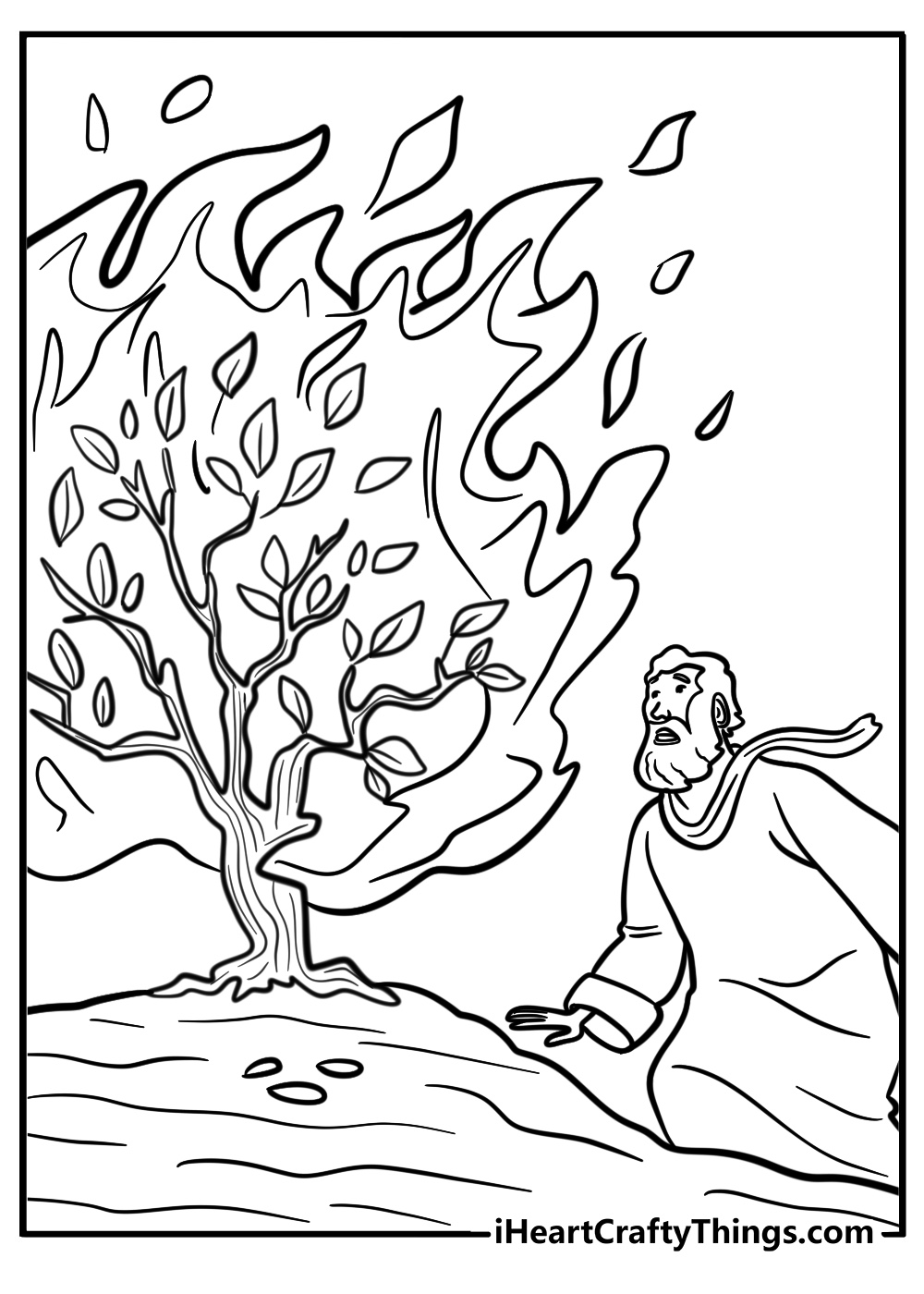 Moses talking to God in the burning bush detailed coloring sheet