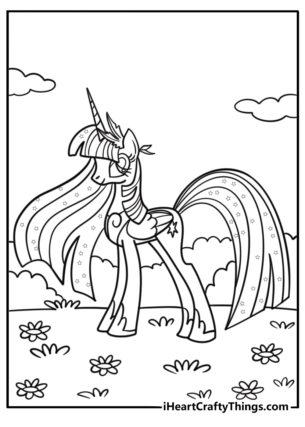 My Little Pony unicorn coloring page with flowers