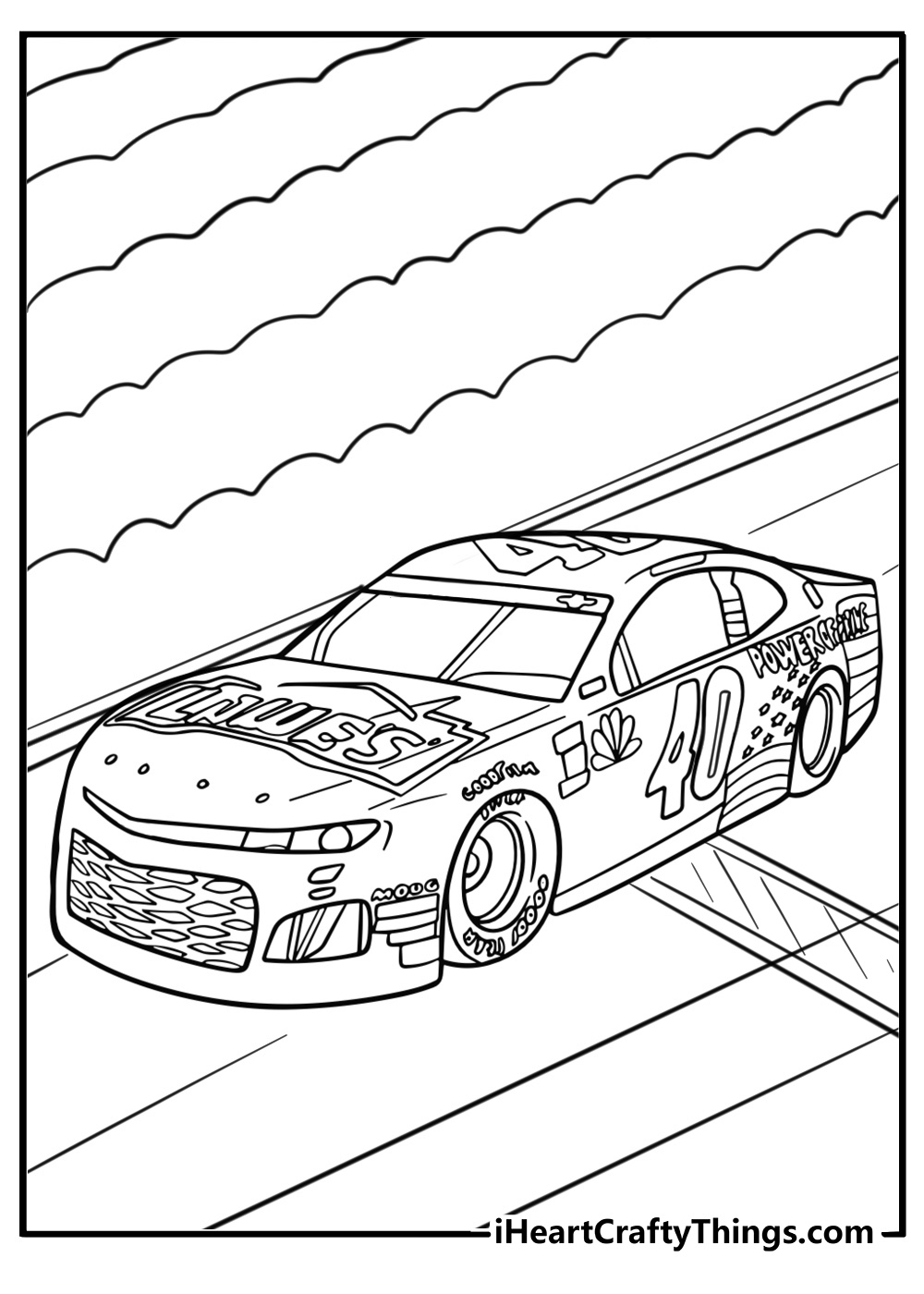 NASCAR car crossing the finish line fun coloring sheet