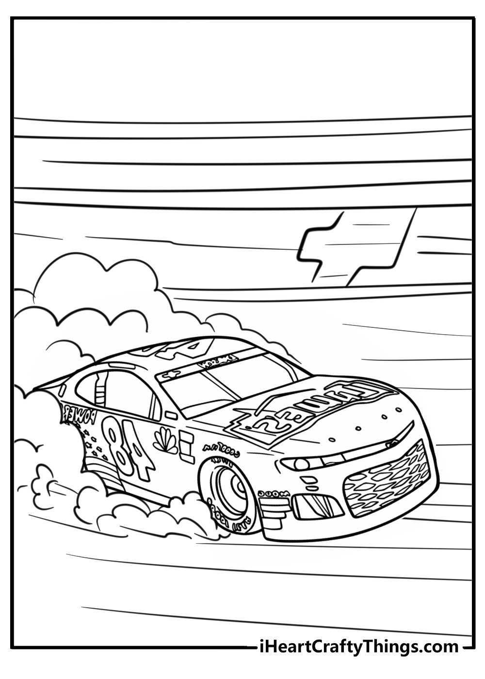 NASCAR car drifting around a corner coloring page