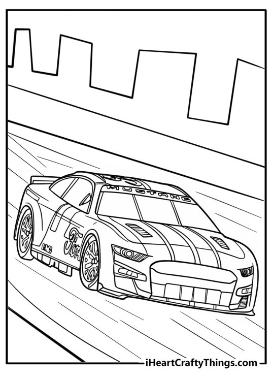 NASCAR car in a sharp turn detailed coloring sheet