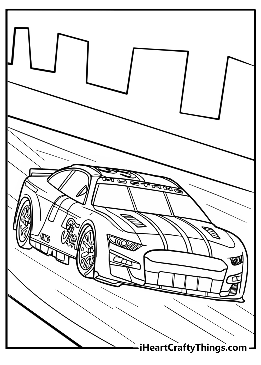 NASCAR car in a sharp turn detailed coloring sheet