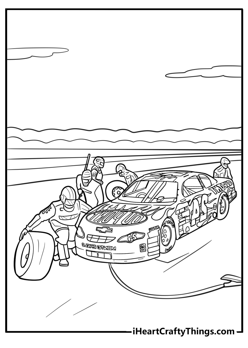 NASCAR car in the pit stop area printable coloring page