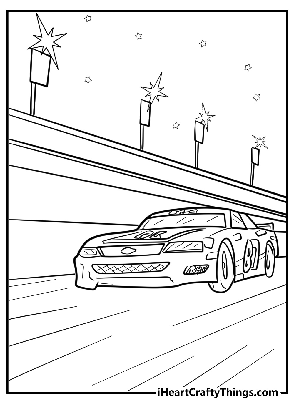 NASCAR car under bright stadium lights free coloring page PDF