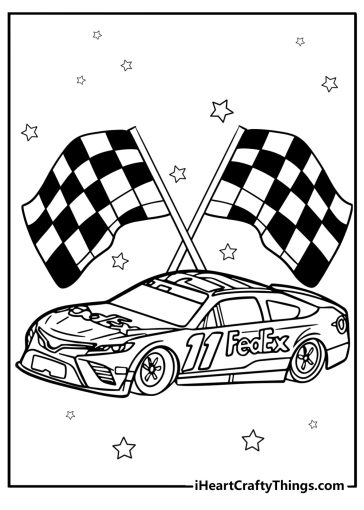 NASCAR car with a checkered flag background detailed coloring sheet