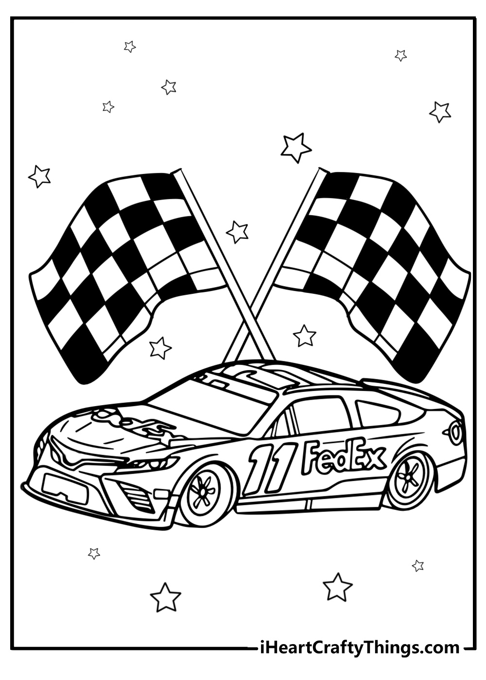 NASCAR car with a checkered flag background detailed coloring sheet