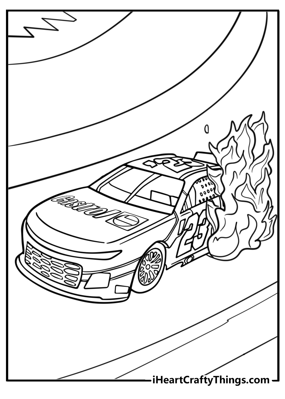 NASCAR race car with flames on the side free printable coloring page