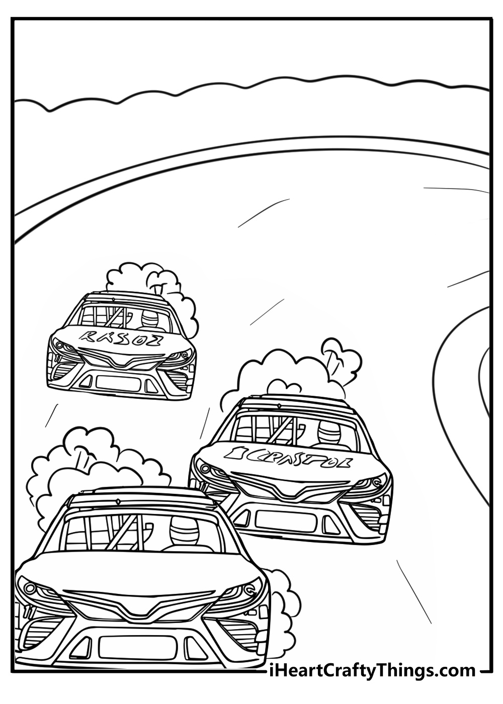 NASCAR race with multiple cars on the track free coloring page PDF