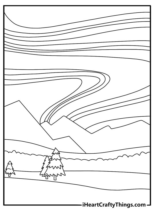 Northern lights over snowy mountains winter coloring sheet